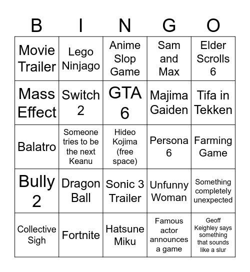 The Game Awards Bingo Card