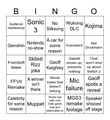 Game Awards Bingo Card