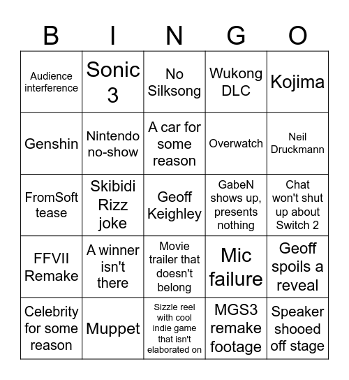 Game Awards Bingo Card