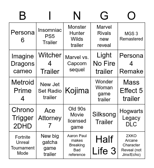 Jaydotjay Game Awards Bingo 2024 Bingo Card