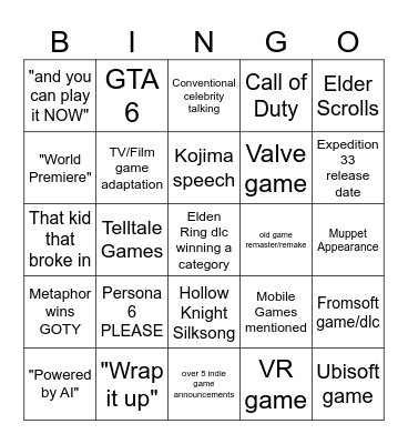 The Game Awards 2024 Bingo Card
