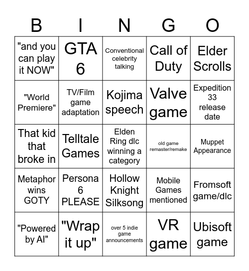 The Game Awards 2024 Bingo Card