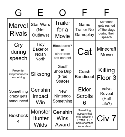 Gaymer Awards 202Whore Bingo Card