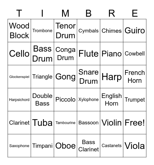 Instrument Bingo Card