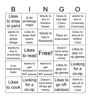 Finding a roommate Bingo Card