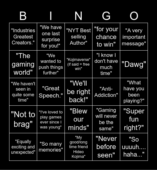 Game Award Quote Board Bingo Card
