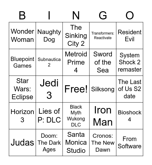 The Game Awards 2024 Bingo Card