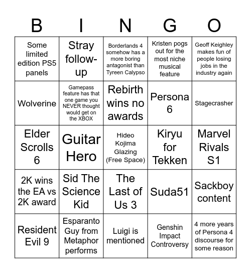 The Game Awards 2024 Bingo Card Bingo Card