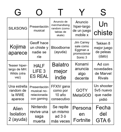 The Game Awards 2024 Bingo Card