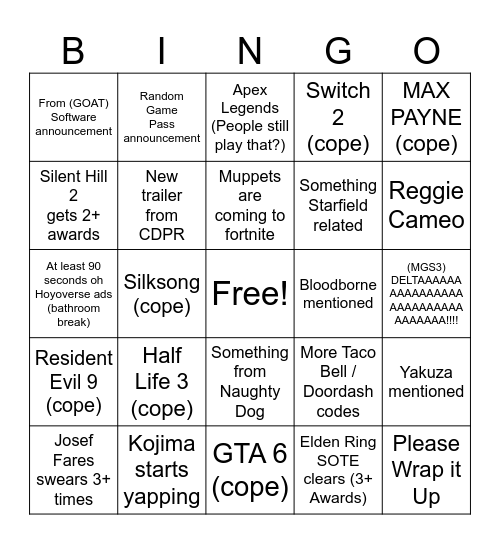 Game Awards 2024 Bingo Card