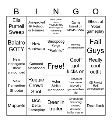 2024 Game Awards Bingo Card
