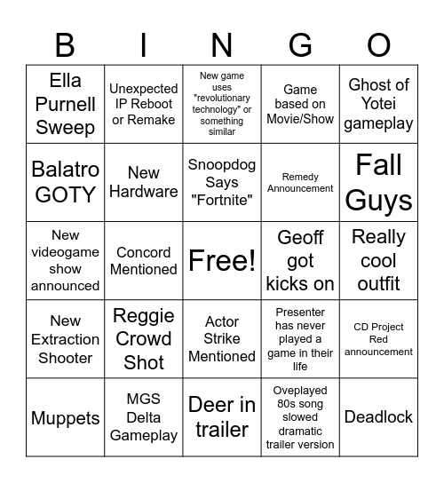 2024 Game Awards Bingo Card