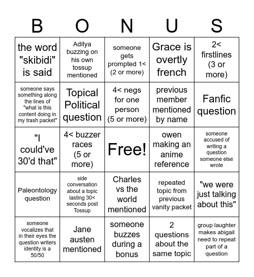 Vanity Packet Bingo Card