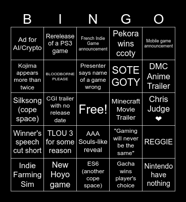 TGA 2024 Bingo Card