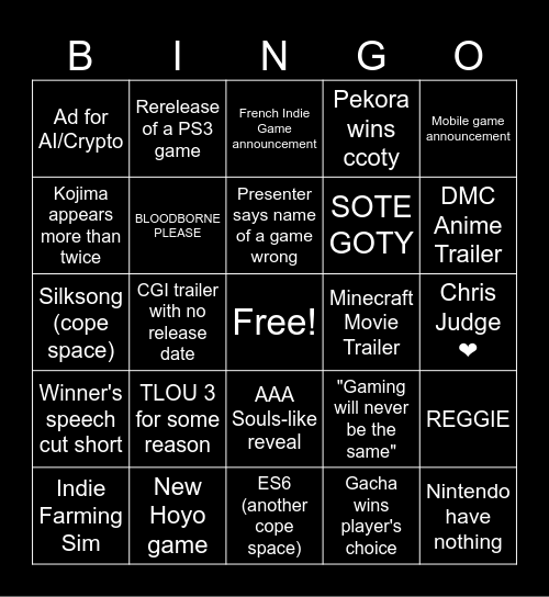 TGA 2024 Bingo Card