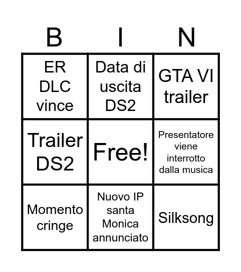 Game Awards Bingo Card