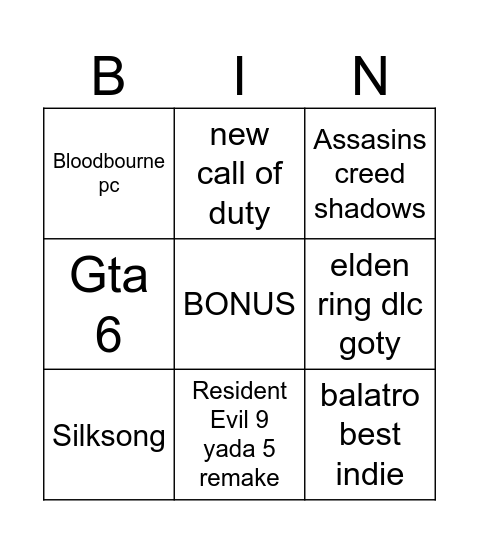 Game Awards 2024 Bingo Card