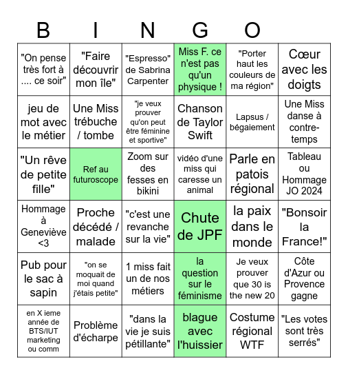 Bingo Raclette Party Miss France 2025 Bingo Card