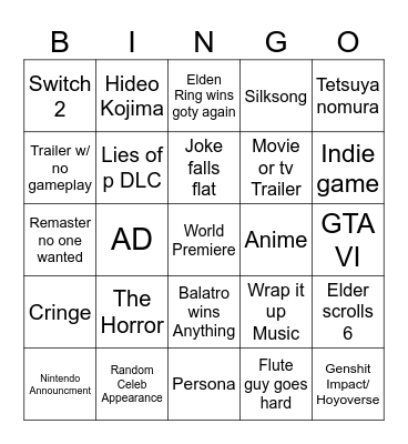 Afterparty Game Awards BINGO Card
