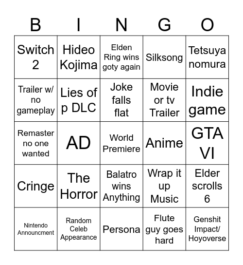 Afterparty Game Awards BINGO Card