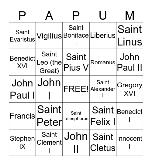 Pope Trivia Bingo Card