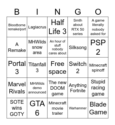 The Game Awards Bingo Card