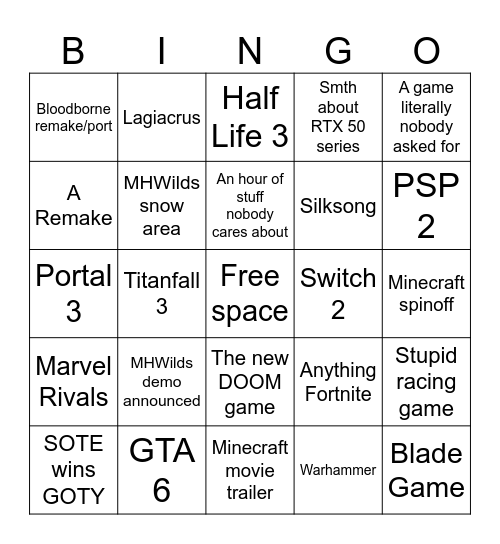 The Game Awards Bingo Card