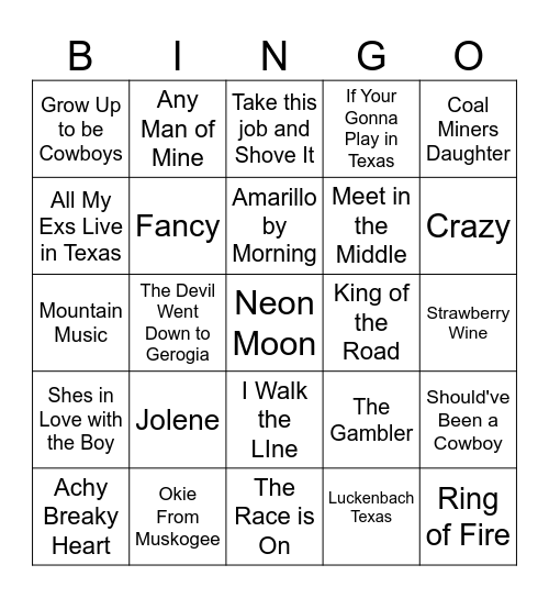 Classic Country Bingo Card