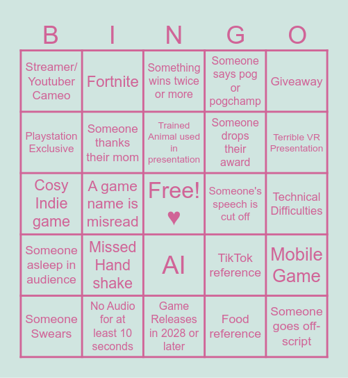 Game Awards Bingo 2024 Bingo Card