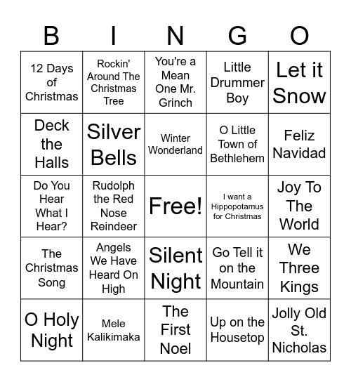 Christmas Song Bingo Card