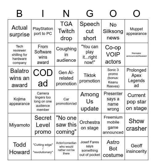 TGA 2024 Bingo Card