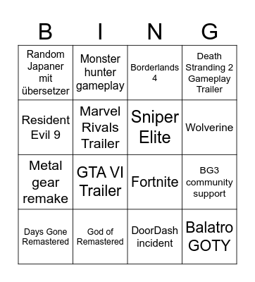Game Awards Bingo Card