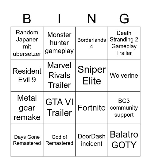 Game Awards Bingo Card