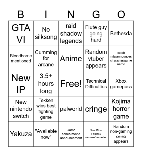 The Game Awards Bingo Card