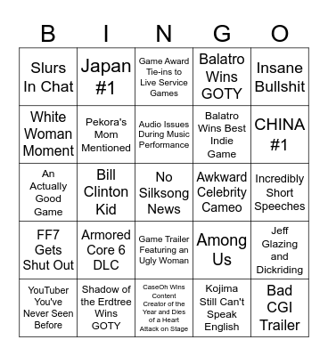 Game Awards 2024 Bingo Card