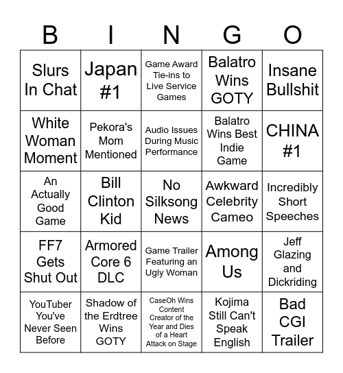 Game Awards 2024 Bingo Card