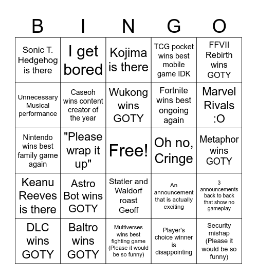 TGA 2024 Bingo Card