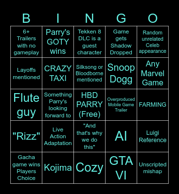 Parry TGA 2024 Watch Party Bingo Card
