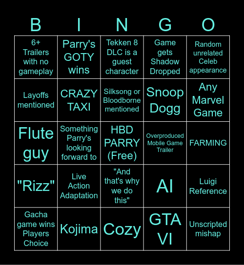 Parry TGA 2024 Watch Party Bingo Card