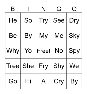 Open Syllable Bingo Card