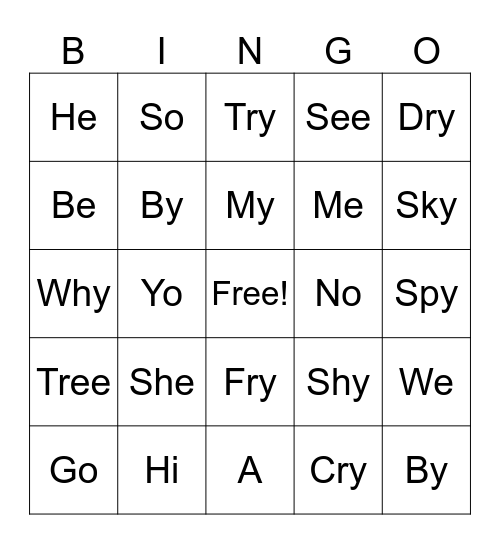 Open Syllable Bingo Card