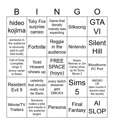 2024 Game Awards Bingo Card