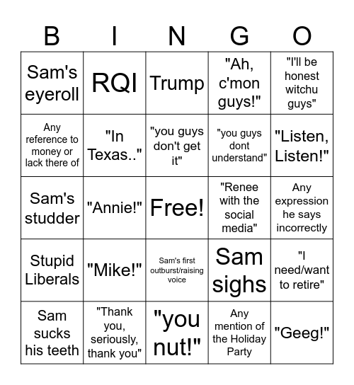 Sam Bingo Card