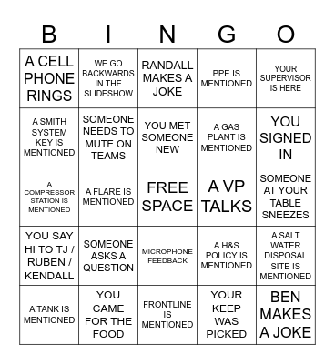 Safety Meeting Bingo Card