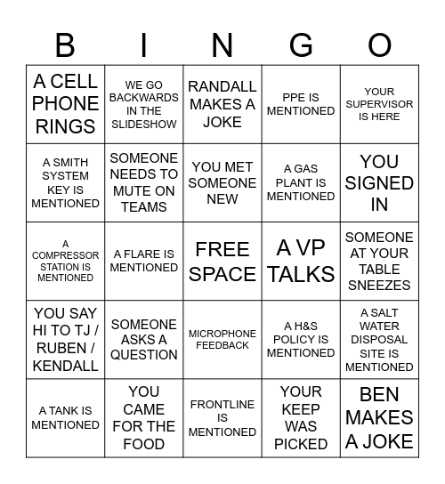 Safety Meeting Bingo Card