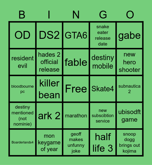 Gameawards Bingo Card
