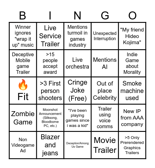 Game Awards 2024 Bingo Card