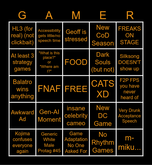 Game Awards 2024 Bingo Card