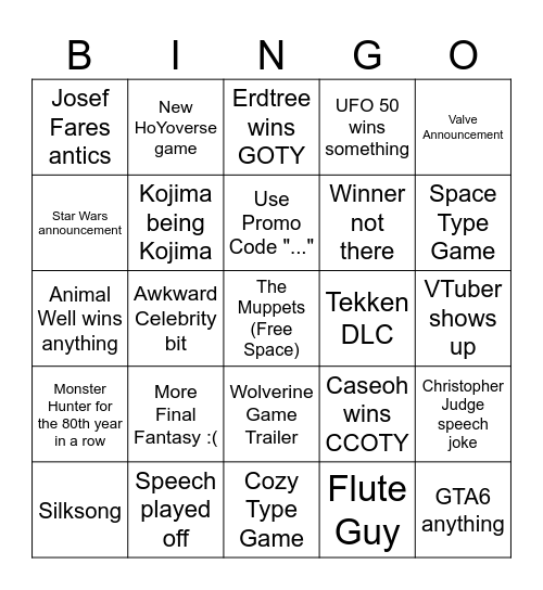 Game Awards 2024 Bingo Card