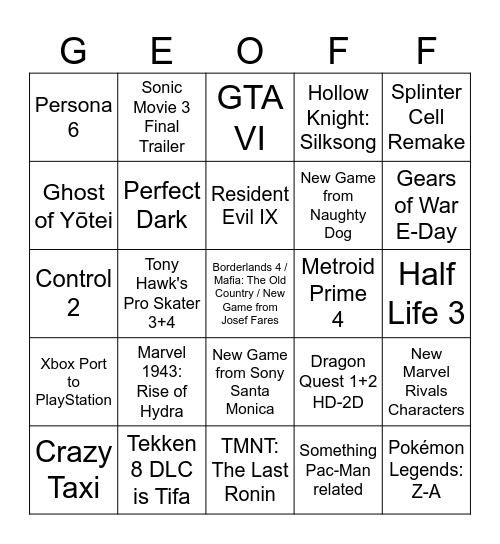 TGA Bingo (Game Trailers) Bingo Card